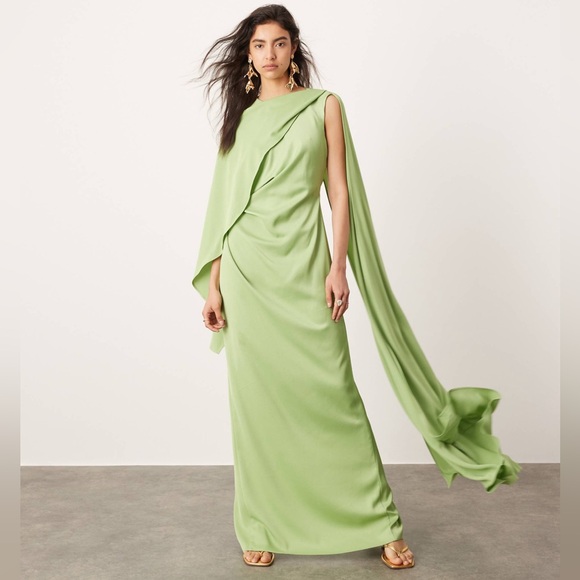 NWT ASOS EDITION satin drape detail maxi dress with ruched waist in sage Size 12